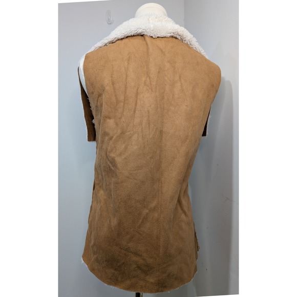 Brown Suede Sherpa Lined Vest Women's Open Front Drape Collar Cozy - Picture 3 of 6